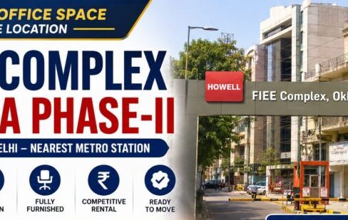 Modern commercial building exterior view at FIEE Complex in Okhla Industrial Area Phase 2.