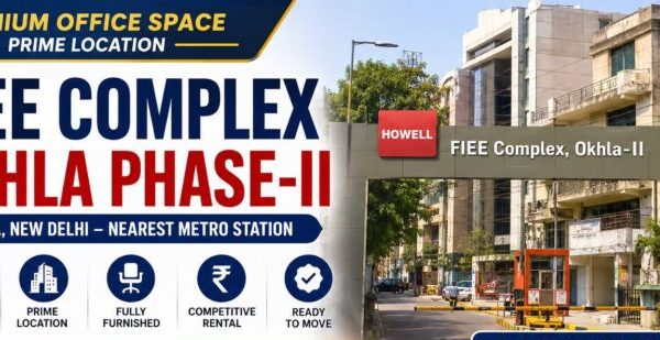 Modern commercial building exterior view at FIEE Complex in Okhla Industrial Area Phase 2.